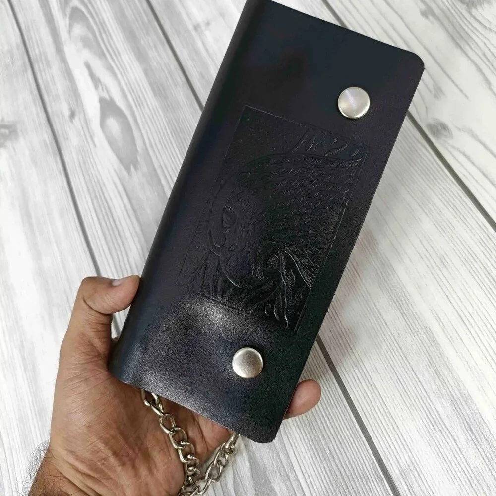 Black Leather Trifold Wallet with Chain